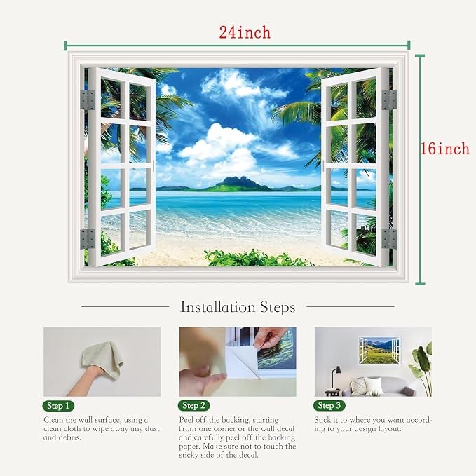 ‌Lmyhome Fake Window Wall Mural Blue Sky Ocean Beach (16"x24") | Peel and Stick Faux Window Wall Sticker Decal Poster for Bedroom Home Decor - Image 3