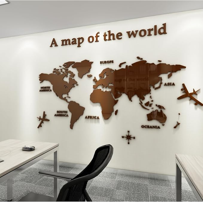 WINDIR 3D World Map Wall Stickers Decor Murals DIY Decal Brown 71x40 inch, Acrylic Office Wall Art Decor Bedroom Living Room TV Wall (Brown: 180x100 cm) Large - Image 6