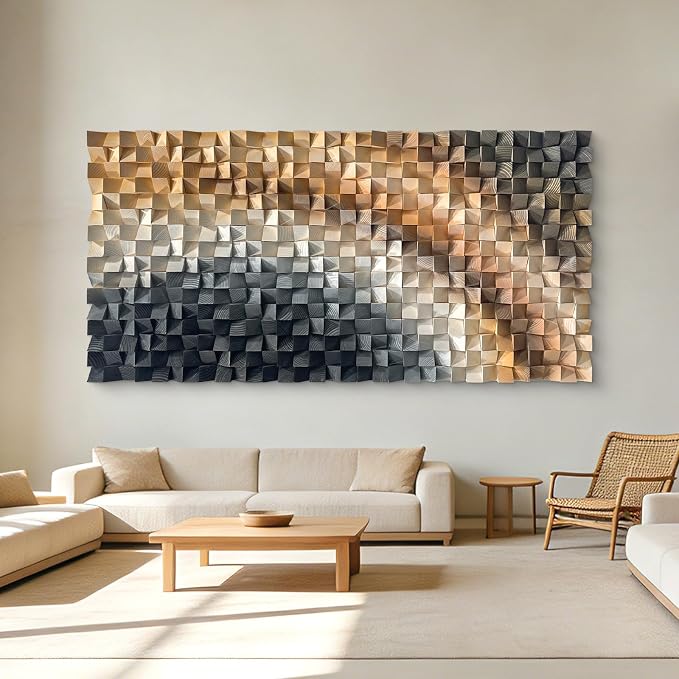 LIUZEYUE Geometric Wood Wall Decor with Cross-Band Cube Texture | large modern wall art; copper and cool gray, preinstalled back hooks; open-concept lounge sofa-wall centerpiece; 31.5 x 63 in - Image 9