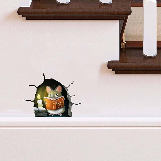 3D Mouse Reading Book in Mouse Hole, Decal Sticker, Removable Wall Decor, Book Lover Gift Idea, Baseboard, Wall Sticker Decal, Kids Room, Classroom, Library - Image 3