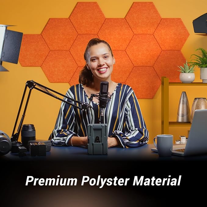 Self-adhesive Hexagon Acoustic Panels 12 Pack, TONOR 12"x 10"x 0.4" High Density Sound Proof Panels Tiles for Walls, Absorbing Noise and Eliminating Echoes Acoustic Foam for Home Studio Orange - Image 2