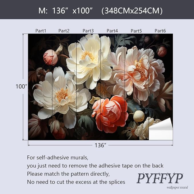 PYFFYP-3D Floral Peel and Stick Wallpaper murals with Dark Peony - Image 5
