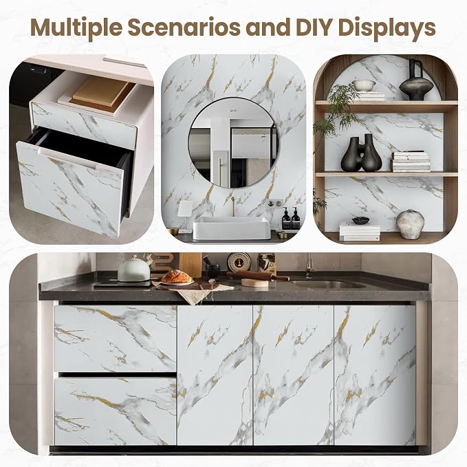 Marble Contact Paper Gold Peel and Stick Wallpaper for Kitchen Countertop | 17.7" x 196.8" Glossy White Granite Removable Wall Paper for Kitchen Countertop Cabinet Furniture - Image 8