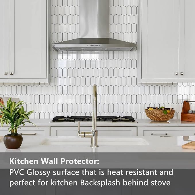 Vamos Tile Long Hexagon Peel and Stick Backsplash Tile - 10 Sheets Stick on Backsplash for Kitchen and Bathroom 12.4 x 12 Inch Glossy Dolomite White PVC Self Adhesive Mosaic Wall Tiles - Image 3