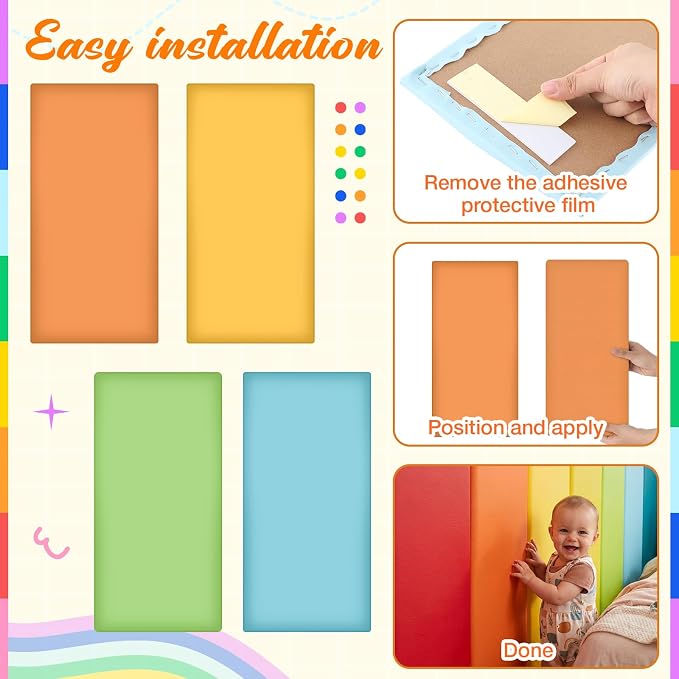 Hahafelt Wall Padding for Playroom Peel and Stick Headboard 3D Anti Collision Upholstered Wall Panels Self Adhesive Headboard(23.62 "× 11.81""× 1.18",Rainbow Colors,8 Pack) - Image 4