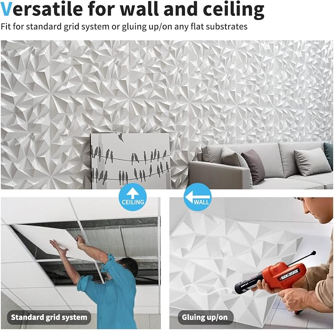 Art3d Textures 3D Wall Panels White Diamond Design for Interior Wall Decor Pack of 12 Tiles 32 Sq Ft (PVC) - Image 6