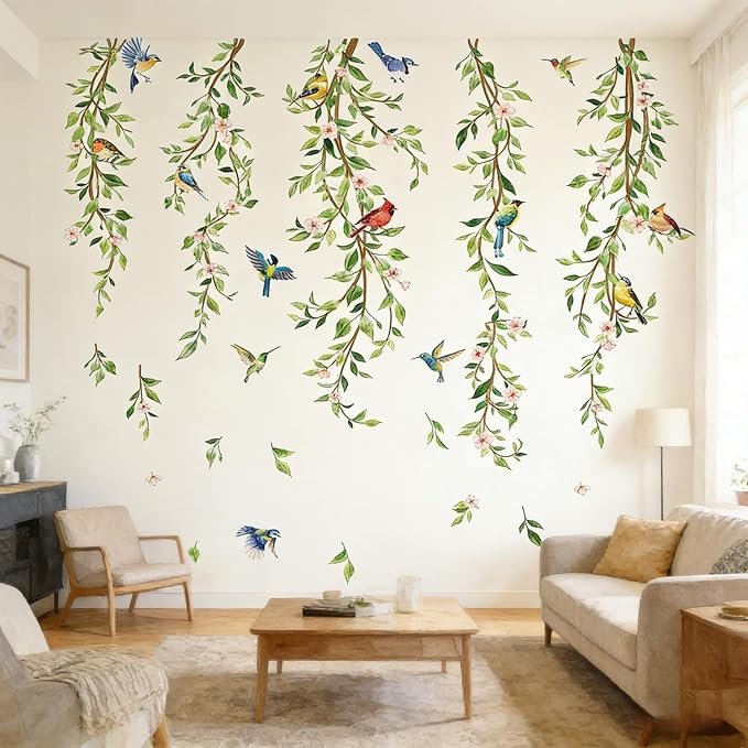 Green Leaf Vine Wall Decals, Hanging Plant Wall Stickers Birds | Floral Nature Decal Peel and Stick Mural for Bedroom Living Room Office TV Shower Door Home Decor - Image 2
