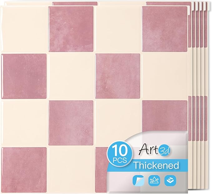 Art3d Grid Peel and Stick Backsplash, 10-Pack, 12" x 12", Pink & Warm White | Enhanced Thickness, Strong Adhesion, Moisture Resistant, Long-Lasting, Minimalist Look, DIY Friendly, for Kitchen Countertops by Art3d