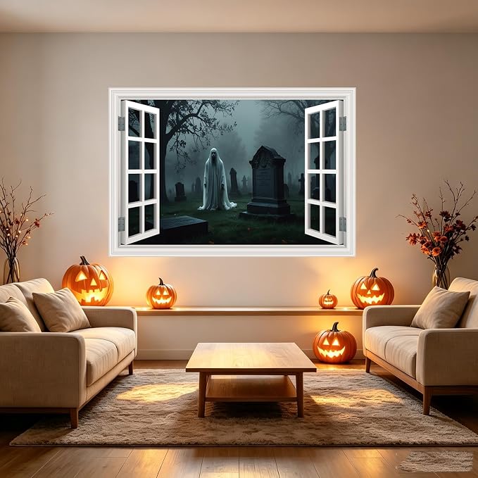 Halloween Fake Window Wall Decals Scary Cemetery Terror Art Poster Sticker | ｜Faux Window Terror Spooky Ghosts Mural ｜ Stick and Peel Wall Decal｜for Halloween Home Scene Decor｜48"x32",Set of 2 Sheets - Image 4