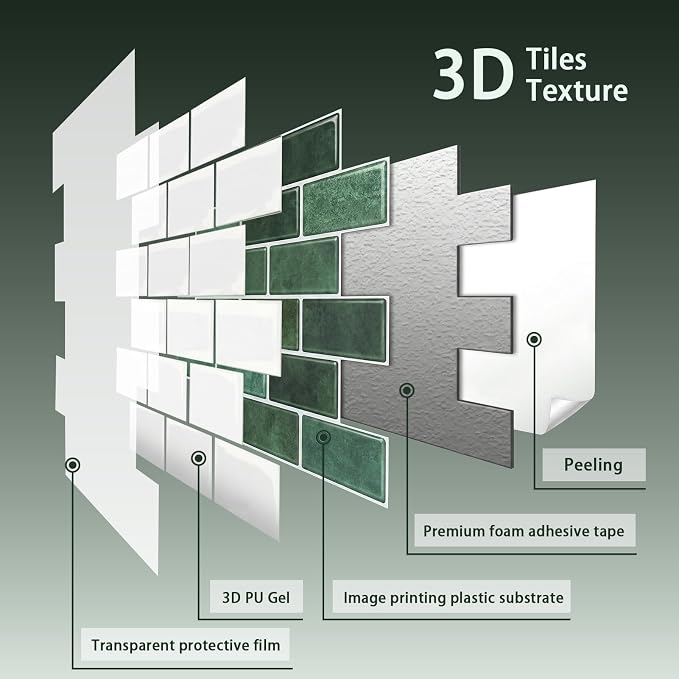 Arttown Peel and Stick 3D Wall Backsplash, 20-Sheet, 12" × 12" Green | Subway Tiles Self Adhesive Thicker Design Wall Tile Panel Wallpaper for Kitchen Bathroom Balcony Rental Housing - Image 5