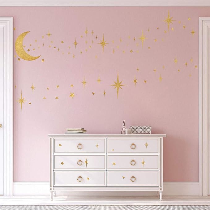 Retro Starburst Wall Decals Stars Wall Sticker Star Moon Vinyl Decal Golden | Celestial decor, sparkle wall stickers decoration, peel and stick, removable art mural, for girls bedroom living room nursery - Image 5