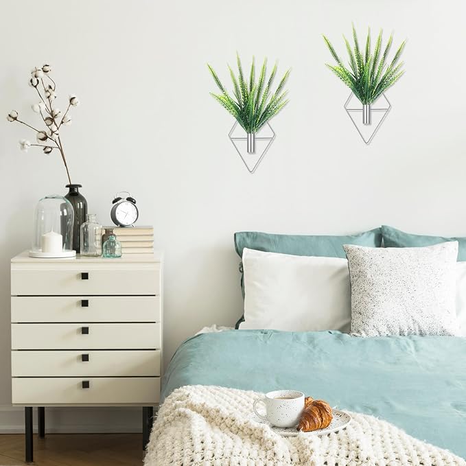 Canlierr 2 Pieces Wall Decor Hanging Planters with Artificial Plants Metal Hanging Vase Indoor Plants Holder Modern Boho Wall Art for Bathroom Bedroom Living Room Decor(Silver,Boston Fern) - Image 6