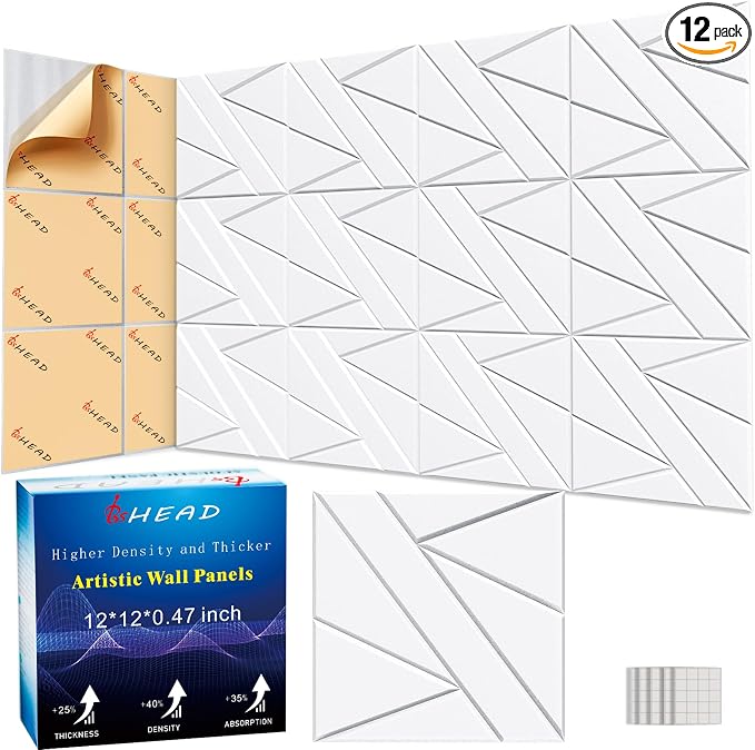 12 Pack Self-Adhesive Soundproof Wall Panels, 12 x 12 x 0.47 in Sound Proof Foam Panels for Walls, 1.2lb/ft³ High Density, Thicker 0.47in, Acoustic Panels, Noise Dampening Panels Studio White by Staytunedforournewproduct