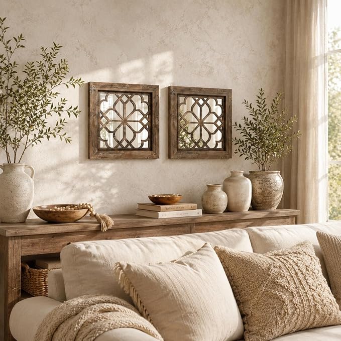 Boho Wall Mirror Decor, Set of 2 Rustic Farmhouse Mirror 12x12 Inch, Square Shatterproof Vintage Style Mirrors for Wall, Small Decorative Mirrors for Living Room, Bedroom，Maroon - Image 5