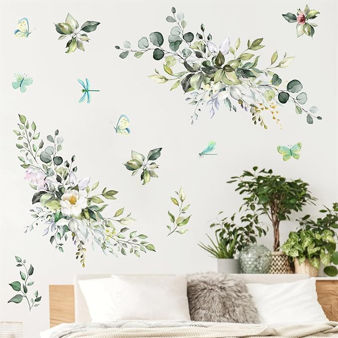 Green Leaves Wall Decals Hanging Vines Butterflies Art Mural Peel and Stick | Wall stickers, removable vinyl art mural, rustic plants, modern botanical, for living room bedroom bathroom nursery farmhouse - Image 9