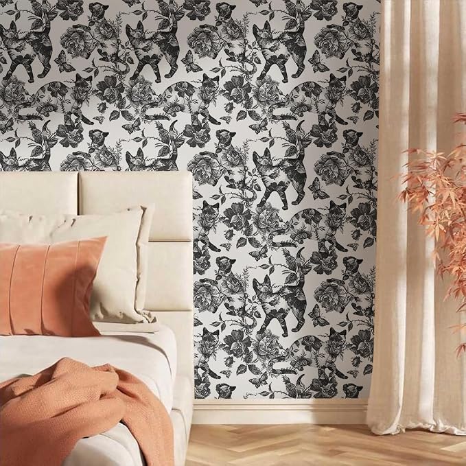 MuralPeel Black White Vintage Floral Cat Animals Butterfly Peel and Stick Wallpaper Self Adhesive Removable Easy Peel Off Contact Paper Stick on Wall Paper for Bedroom Cabinet Renter Friendly - Image 2