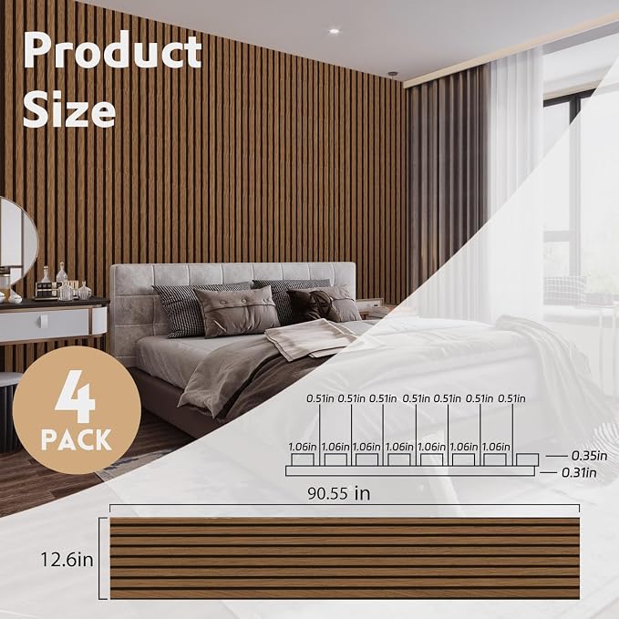 RITOLLO 4 Pack Wood Panels for Wall, 90.55"×12.6" Wood Slat Acoustic Panels for Wall, Soundproof Panels, 3D Fluted Panels for Interior Wall Decor (Walnut) - Image 2