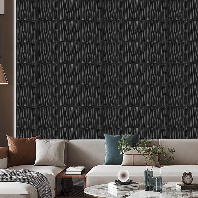 Heikki 30 Pack 3D Wall Panel for Interior Wall Décor, PVC Flower Textured Wall Panels for Living Room Bedroom Hotel Office, 11.8"x11.8", Double-Sided Tape (Black-SP) - Image 7