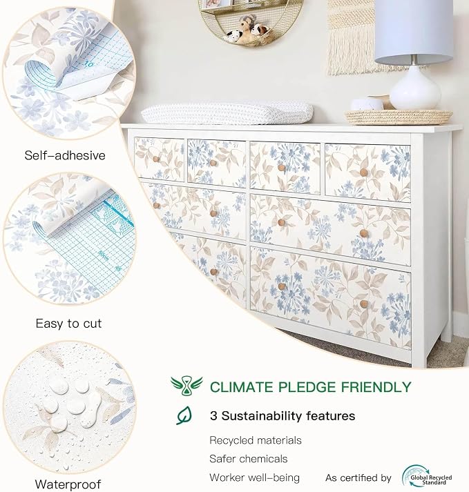 Heroad Boho Floral Wallpaper Blue/Beige Peel and Stick Wallpaper Neutral Leaf Contact Paper Removable Self Adhesive Wall Paper for Cabinet Bedroom Bathroom Waterproof Decor Vinyl Roll 17.3''x78.7'' - Image 3