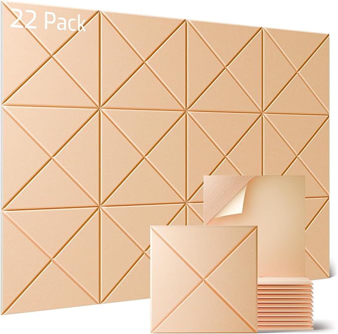 Sonicism 22 Pack X-Lined Acoustic Panels with Self-Adhesive, 12"X 12"X 0.4" Sound Proof Foam Panels, Decorative Soundproof Wall Panels, Sound Absorbing Tile for Home & Offices, Pale Apricot by Sonicism