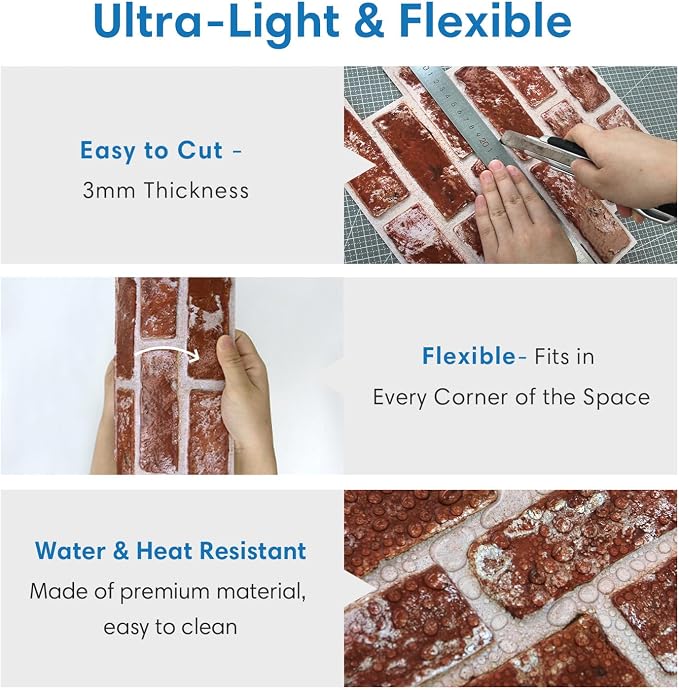COMSTICKC 3D Faux Brick Wall Panels Peel and Stick, 10 Pcs 11.8" x 11.8" | Vintage Red, Not Real Brick, Small Size, Thin PVC Brick Wall Sticker Covering Wallpaper for Wall Upgrades, Cover 9.7 sq ft - Image 4