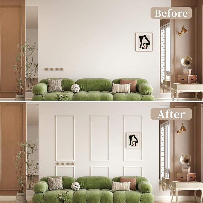 JBER Peel and Stick Wall Molding Kit, 6 Pre-Cut Wainscoting Panels | Ready-to-assemble pre-cut molding, 3D trim panels for interior wall décor, living room & bedroom, 3 top 3 bottom - Image 4