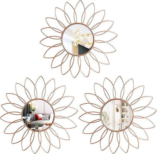 3 Pack Metal Mirrors for Wall Sunburst Wall Mirrors Home Décor Decorative Hanging Wall Art for Living Room Bedroom Entryway (Rose Gold2, Flowers) by Uaussi