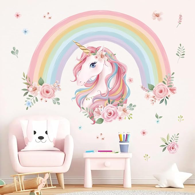 wondever Large Rainbow Wall Decals Unicorn Flower Girls Room Wall Stickers | Peel and Stick, Removable, Wall Art Decals, Wall Decoration, Kids Room, Girls Bedroom Baby Nursery Playroom Decor by wondever