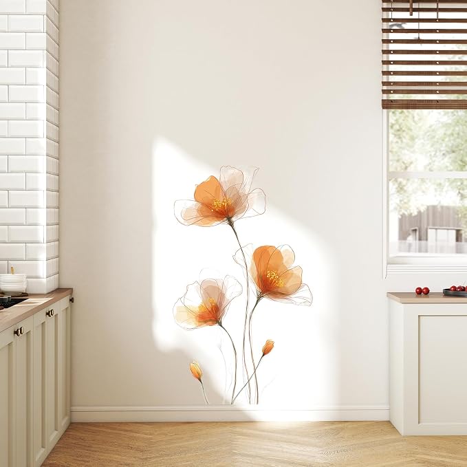 ANNA QUEEN Minimalist Orange Flower Wall Decals Peel and Stick Modern Floral Wall Stickers Removable Vinyl Botanical Wall Decor for Living Room Bedroom Hallway Elegant Wall Art - Image 4