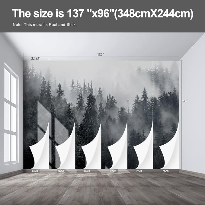 Misty Forest Landscape Large wall murals Woodland Tree Peel and Stick self Adhesive Wallpaper for Bedroom Living Room - 96"x137" - Image 2