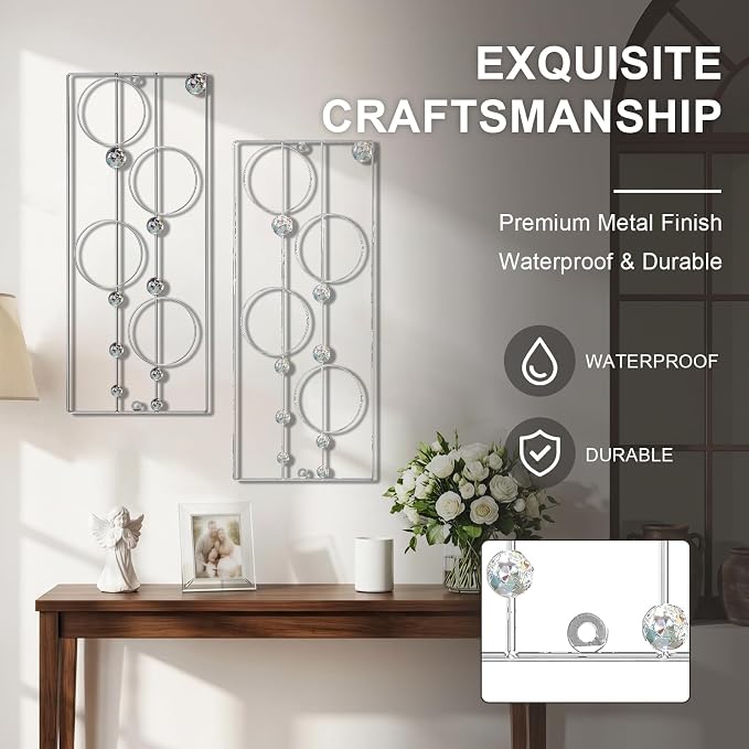 ZEXUIRU 2 Pcs. Abstract Metal Art for Wall Decor Living Room Bedroom Bathroom Office Metal Bling Modern Geometric Hanging Vertical Small Iron Sculpture Plaque Pack -Silver 24in - Image 5