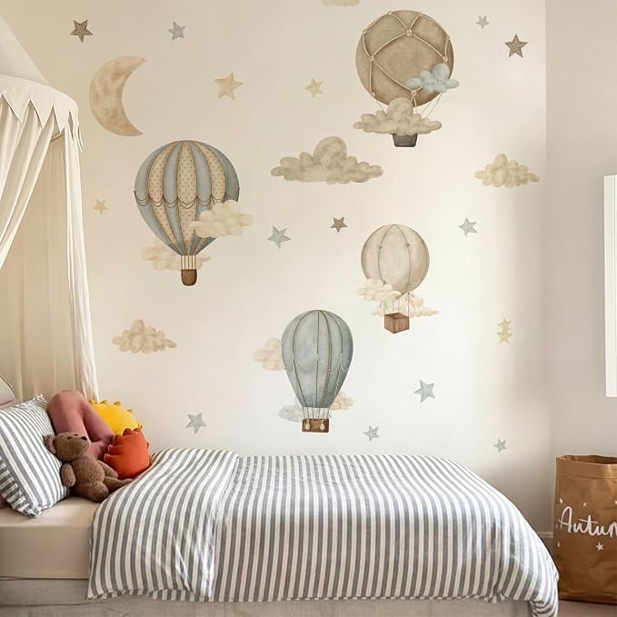 Watercolor Hot Air Balloon Fabric wall Sticker Peel and Stick Stars Clouds Decals for Baby Nursery Kids Bedroom Playroom Decor - Image 5