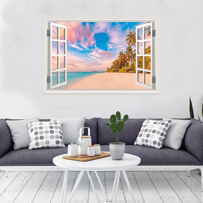 Fake Window Wall Decal - Summer Beach Seascape Ocean Scene Art Sticker | ｜Faux Window Natural Scenery Landscape Mural ｜ Stick and Peel Wall Decals｜for Room Bedroom Office Scene Picture Decor｜24"x16" - Image 6