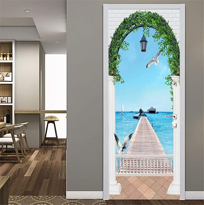 artfanke 3D Door Sticker Peel and Stick 33.5"x84.6"- Self-Adhesive Door Murals Wallpaper - Arched Seagulls Bridge Seascape Wall Decal for Bedroom Decor (2 Sheets/Set) by artfanke