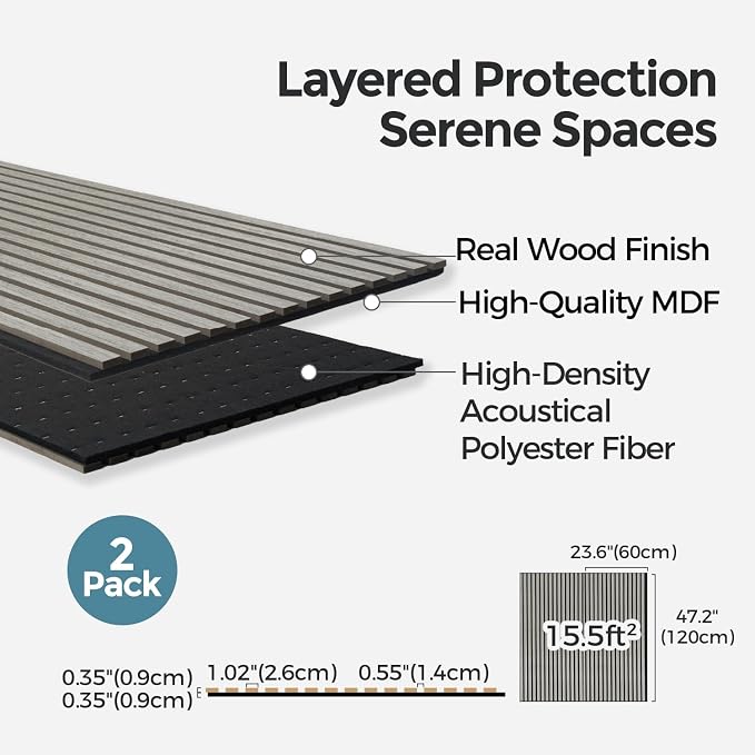 AKUMAX Wood Slat Acoustic Wall Panels, 2 Pack 24 x 48 in Each, 15.5 ft², NRC 0.80 Sound Absorbing 3D Slat Wall Paneling with Real Wood Veneer, E0 MDF and PET Felt, Gray Oak - Image 4