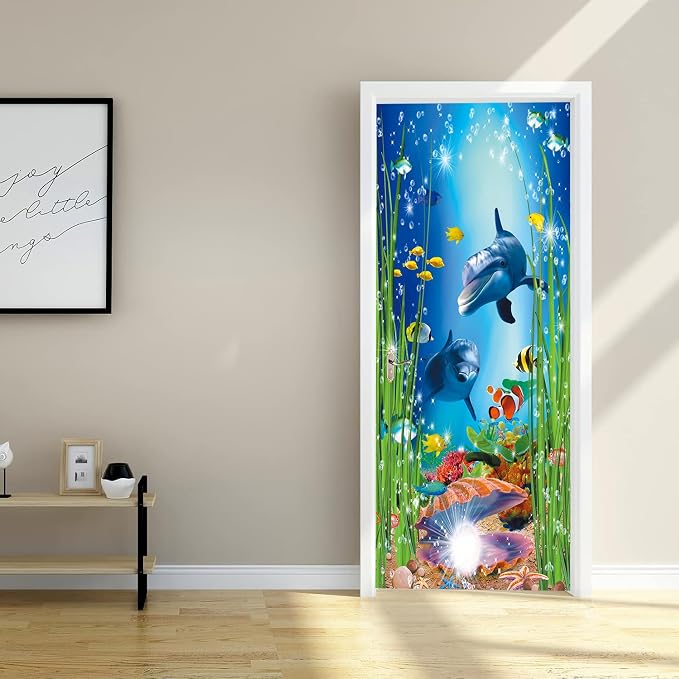 artfanke 3D Peel and Stick Door Sticker 30.3"x78.7"- Self-Adhesive Door Wallpaper Murals Decal-Dolphin Shell Undersea World Wall Poster for Home Decor (2 Sheets/Set) - Image 3