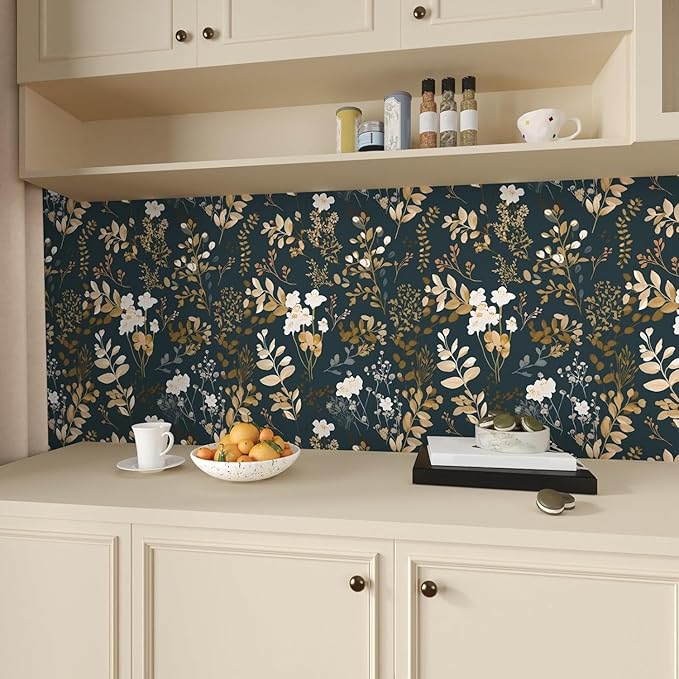 Laatse Vintage Dark Navy Gold Floral Peel and Stick Wallpaper 17.5"x118" | Self Adhesive/Removable/Waterproof/Thick Vinyl Contact Paper for Bathroom Bedroom Shelf Cabinet Drawer,Prepasted,Easy Peel - Image 3