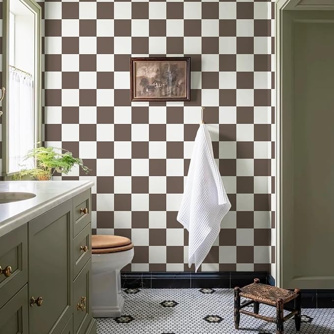 Ismoon Plaid Peel and Stick Wallpaper Vintage Brown Contact Paper 17.3"x78.7" Neutral Mosaic Checkered Wallpaper Stick on Removable Wall Paper for Cabeints Bedroom Kitchen Renter Friendly Vinyl - Image 3