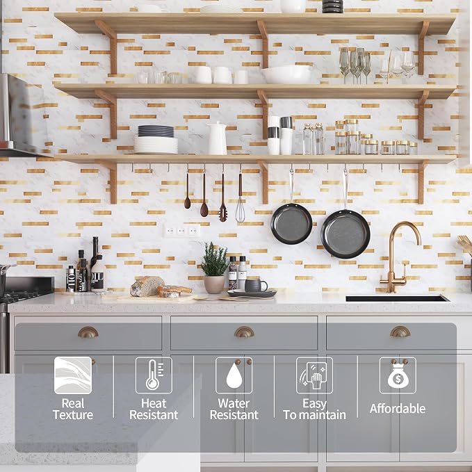 Yipscazo 2026 New Upgrade Peel and Stick Backsplash, Stick on Backsplash Tiles for Kitchen, Bathroom, Fireplace (20 Sheets, White Stone with Gold) - Image 2
