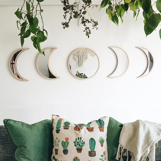 MAXROCK Moon Phase Mirror Set, 5 Piece Scandinavian Natural Decor Wall Decorative Home Decor Bohemian Moon Mirror for Living Room Bedroom, Acrylic Mirror, Not Real Mirror by MAXROCK