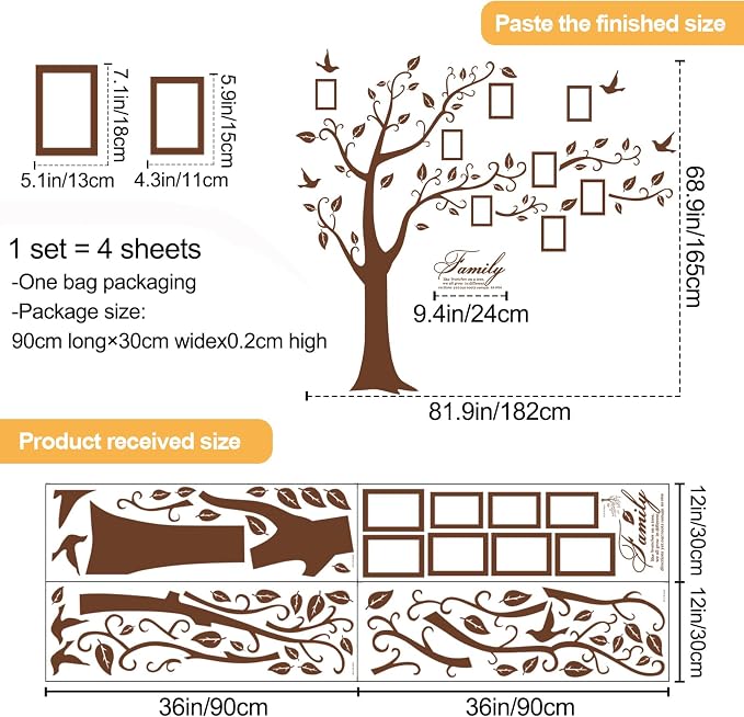 Large Family Photo Tree Wall Sticker 3D Peel and Stick Vinyl Photo Frame Tree Wall Decals Removable Quotes Leaf and Birds Wall Decor for Home Kids Bedroom Living Room Classroom Nursery (Right, Brown) - Image 2