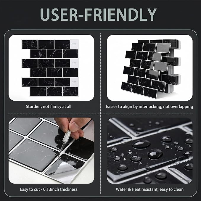 Arttown Peel and Stick 3D Wall Backsplash, 10-Sheet, 12" × 12" Black | Subway Tile Self Adhesive Thicker Design Wall Tiles Panel Wallpaper for Kitchen Bathroom Balcony Rental Housing - Image 6