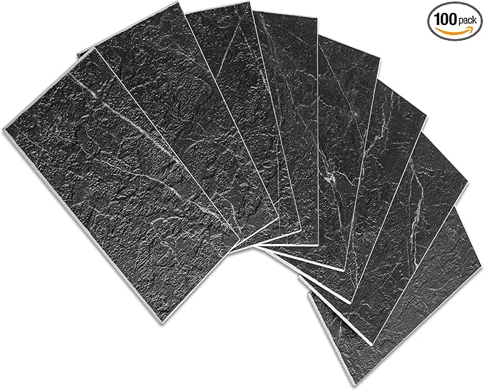 AULIGET 100 Piece Faux Stone Backsplash Peel and Stick PVC Tile, 3 Inch x 6 Inch Black Marble with White Grout Stick on Tiles for Backsplash Kitchen, Bathroom, Laundry Room, Camper, Fireplace by AULIGET
