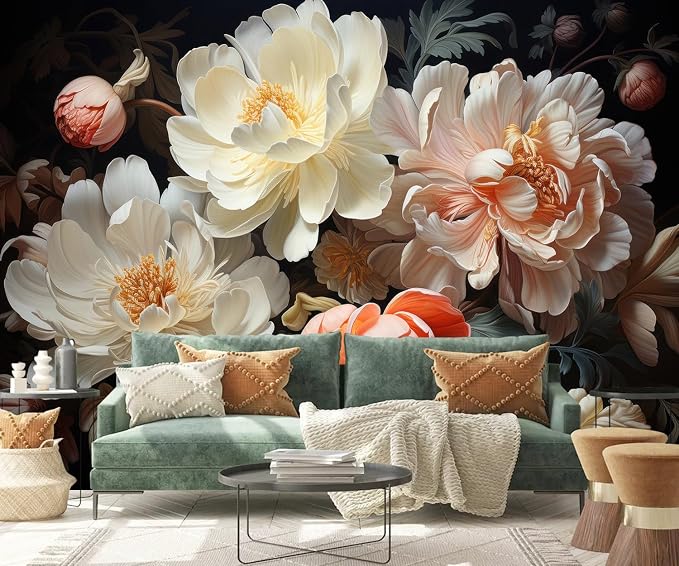 PYFFYP-3D Floral Peel and Stick Wallpaper murals with Dark Peony | For bathroom bedroom,Self adhesive paper - Image 3