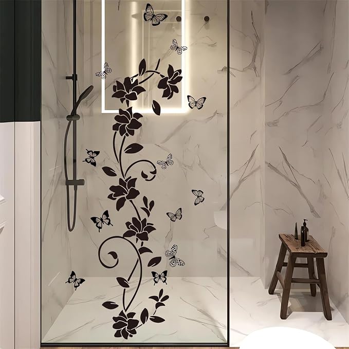 Black Flower Vine Butterfly Wall Stickers Floral Wall Art Decals | Simplicity Minimalist Removable Vinyl Peel and Stick for Bathroom Living Room Bedroom Home Decor by sacinora