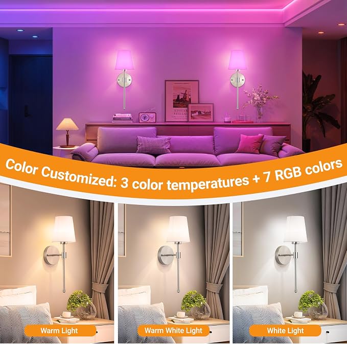 Battery Operated Wall Sconces Set Of 2, Wireless Battery Wall Light With 10000mAh RGB Rechargeable Magnetic Bulb, Rechargeable Wall Sconce With Remote Control For Bedroom, No Electrician Required - Image 3