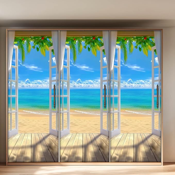 HOMETITUTE Beach Ocean Wave Pier Palm Peel Stick Door 30.3x78.7 Vinyl | Wall Cover Poster Decals Removable Wallpaper Self Adhesive Bedroom Livingroom Office - Beach Scene - Image 5