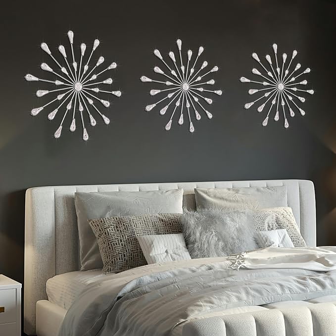 ZEXUIRU 3 Set Silver Starburst Wall Art for Home Decor Metal Bling Crystal Rhinestones Sunburst Wall Decor Sparkling Rhinestone Art Accent Silver - 18in - Image 3