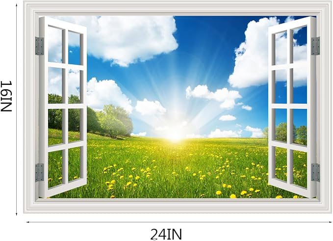 Fake Window Wall Mural Sticker -Summer Sunrise Green Grassland Flower Decal | Faux Window Natural Scenery Landscape Decorations｜Stick and Peel Art Decals｜Room Bedroom Office Scene Picture Decor｜24"x16" - Image 4