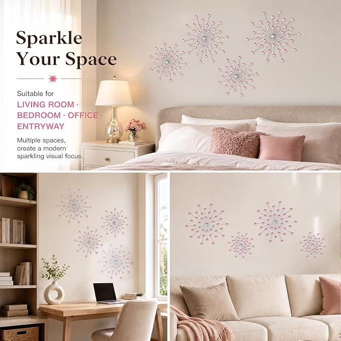 ZEXUIRU 4 Set Silver Starburst Wall Art for Home Decor Metal Bling Crystal Rhinestones Sunburst Wall Decor Sparkling Rhinestone Art Accent Silver - 13 in - Image 6